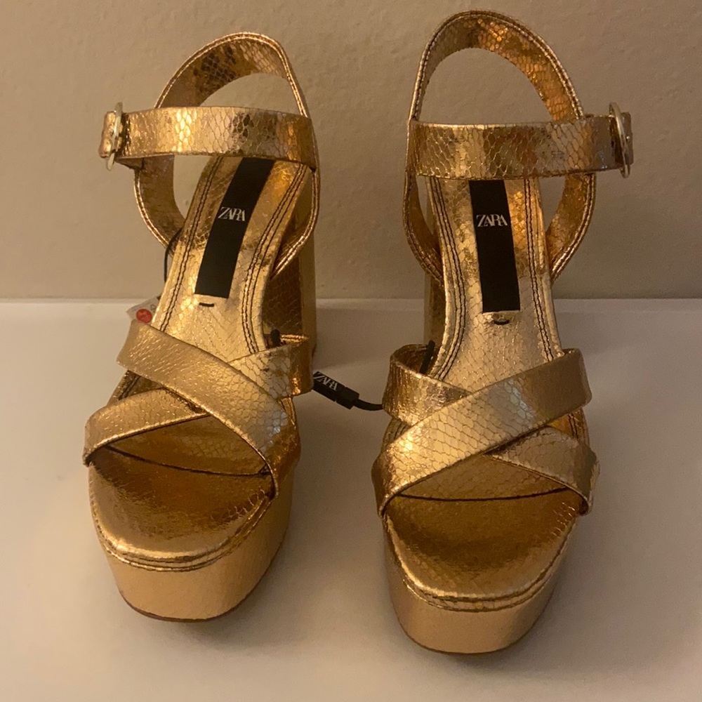 Zara gold stacked platform heel